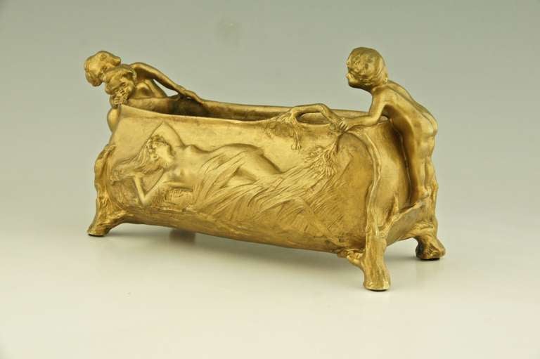 French Art Nouveau gilt bronze jardiniere with nude by Charles Korschann.