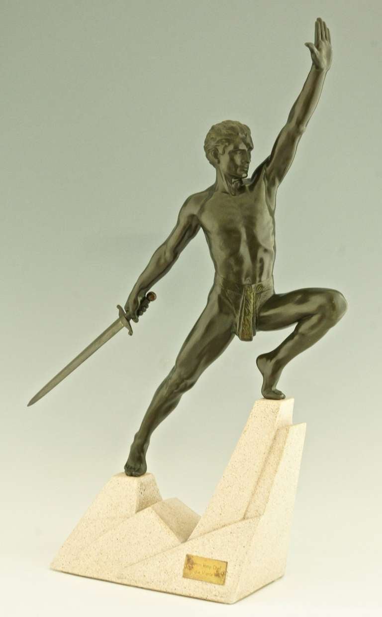 French Art Deco Sculpture of a Sword Fighter on a Rock by Max Le Verrier