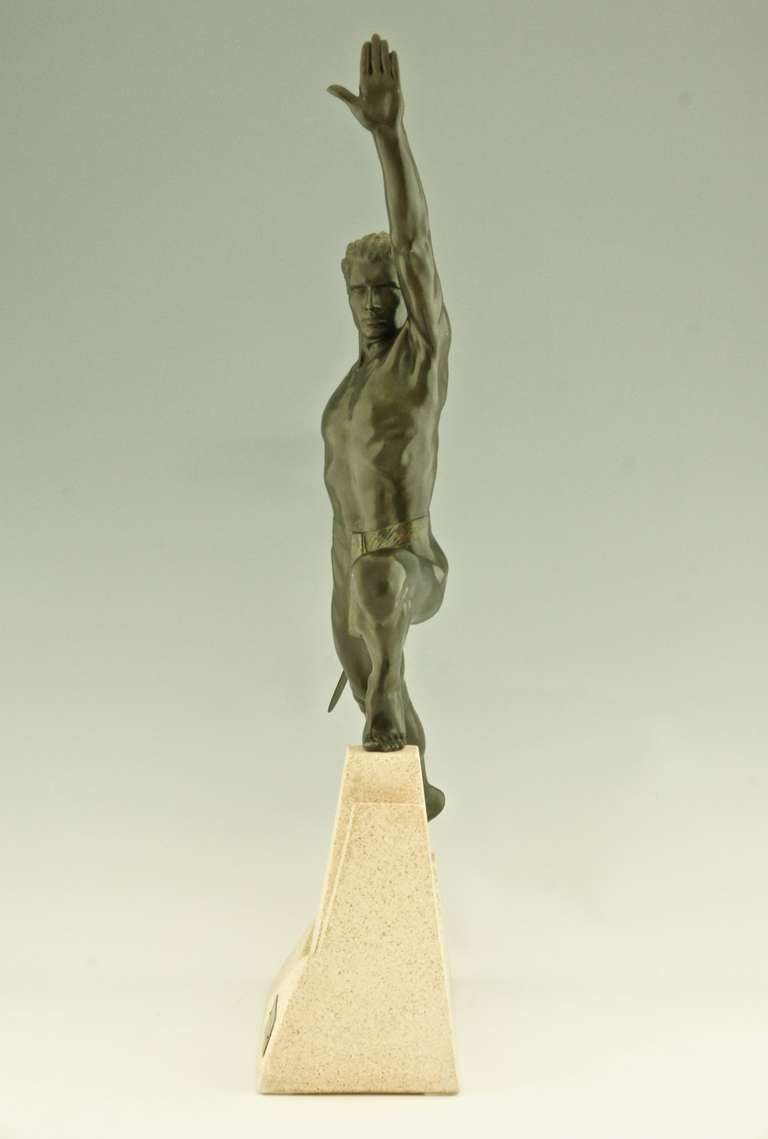 Art Deco Sculpture of a Sword Fighter on a Rock by Max Le Verrier In Good Condition In Antwerp, BE