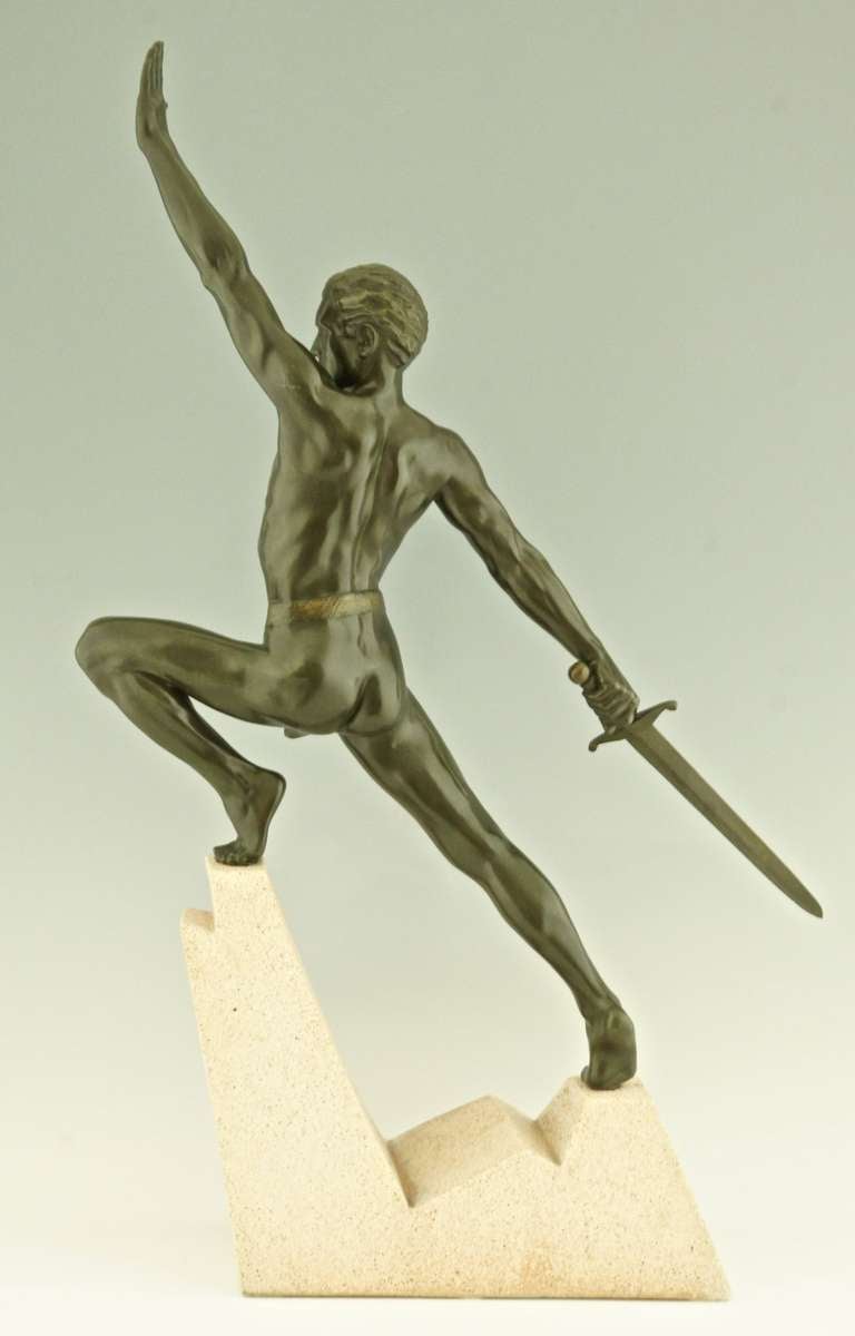Mid-20th Century Art Deco Sculpture of a Sword Fighter on a Rock by Max Le Verrier