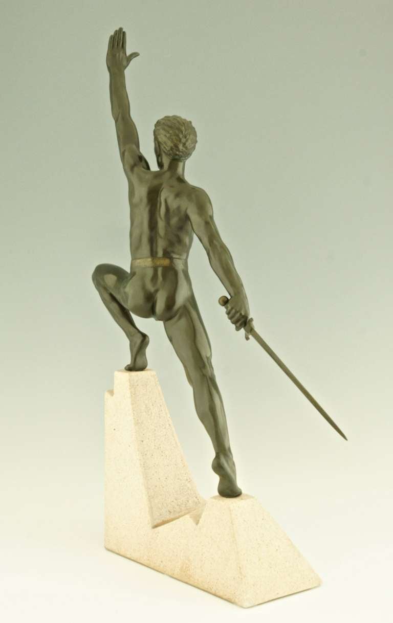 Bronze Art Deco Sculpture of a Sword Fighter on a Rock by Max Le Verrier