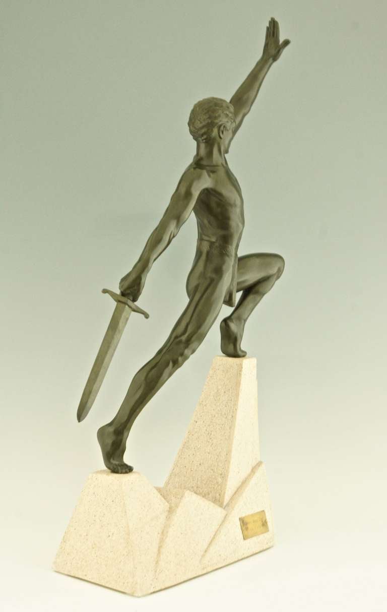 Art Deco Sculpture of a Sword Fighter on a Rock by Max Le Verrier 2