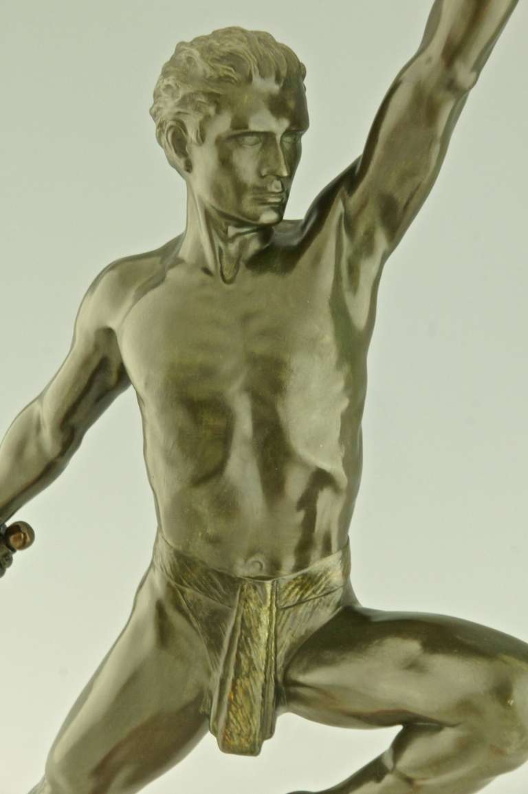Art Deco Sculpture of a Sword Fighter on a Rock by Max Le Verrier 3