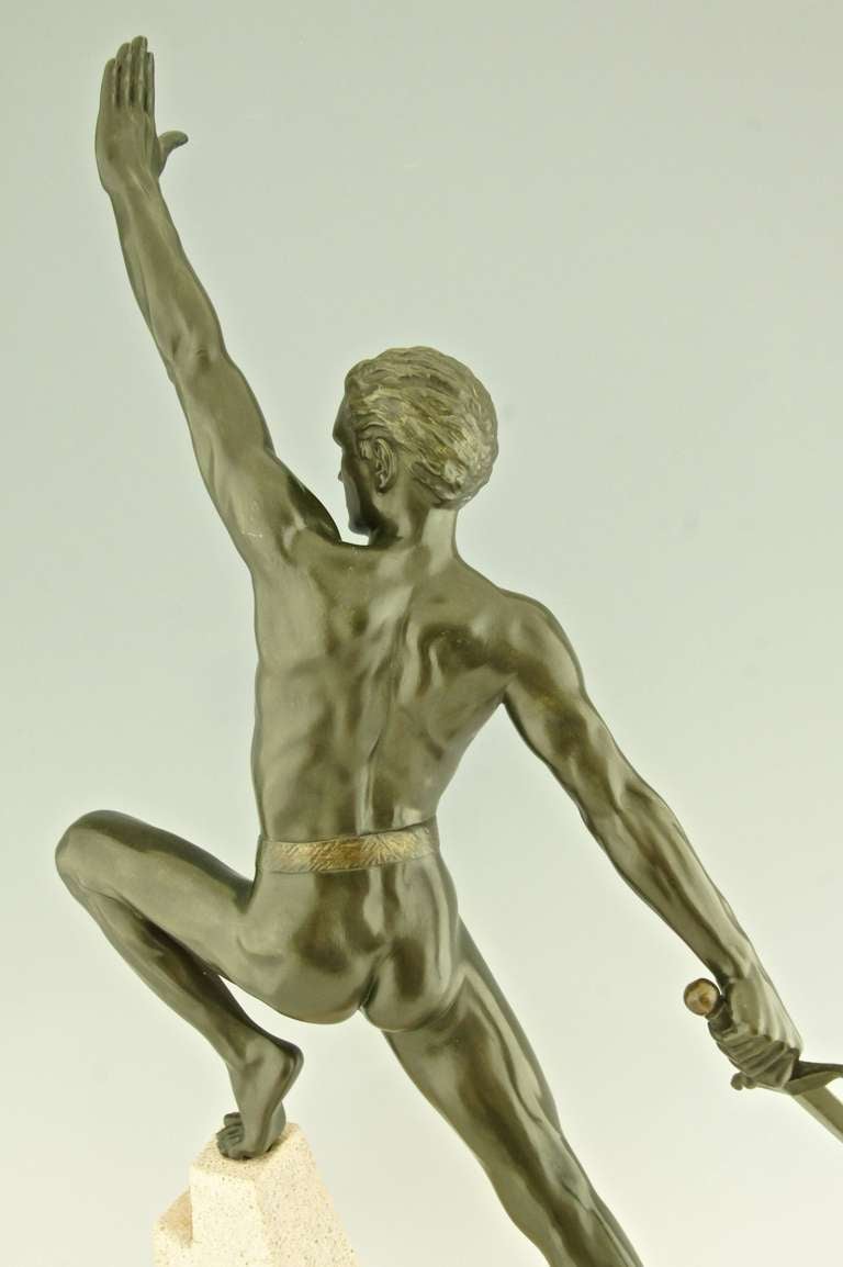 Art Deco Sculpture of a Sword Fighter on a Rock by Max Le Verrier 4