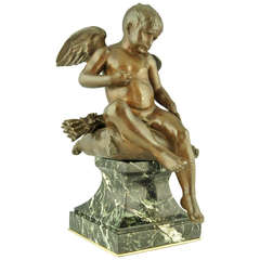 Antique Bronze Sculpture of a Seated Cupid by Antonin Mercie, Siot Foundry, 1880