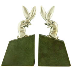 Antique Pair of Art Deco Bronze Rabbit or Hare Bookends by Henri Rischmann, 1925