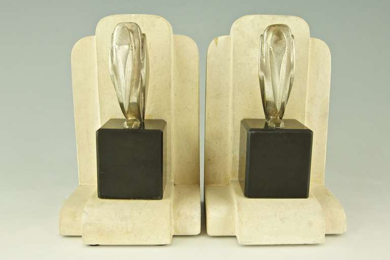 20th Century Pair of Bronze Art Deco Cubist Pelican Bookends by G.H. Laurent, France