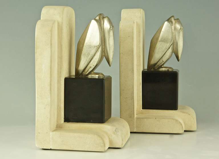 Pair of Bronze Art Deco Cubist Pelican Bookends by G.H. Laurent, France 1