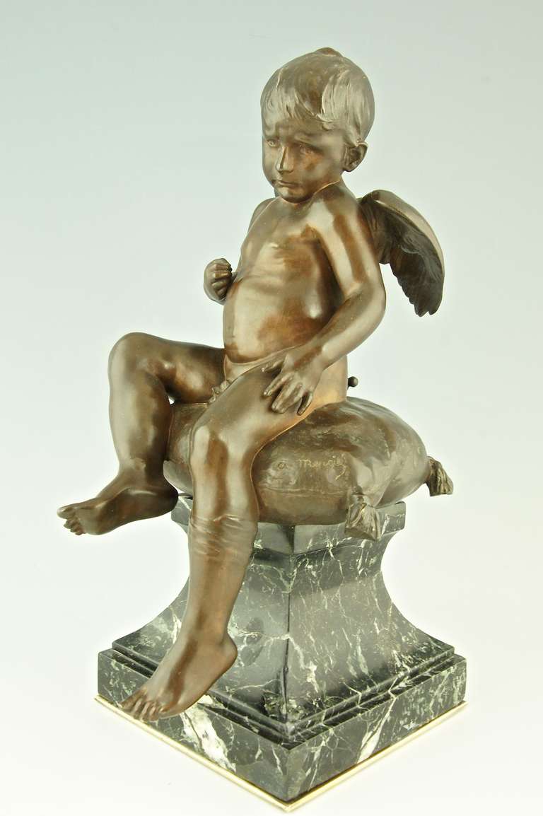 Romantic Antique Bronze Sculpture of a Seated Cupid by Antonin Mercie, Siot Foundry, 1880