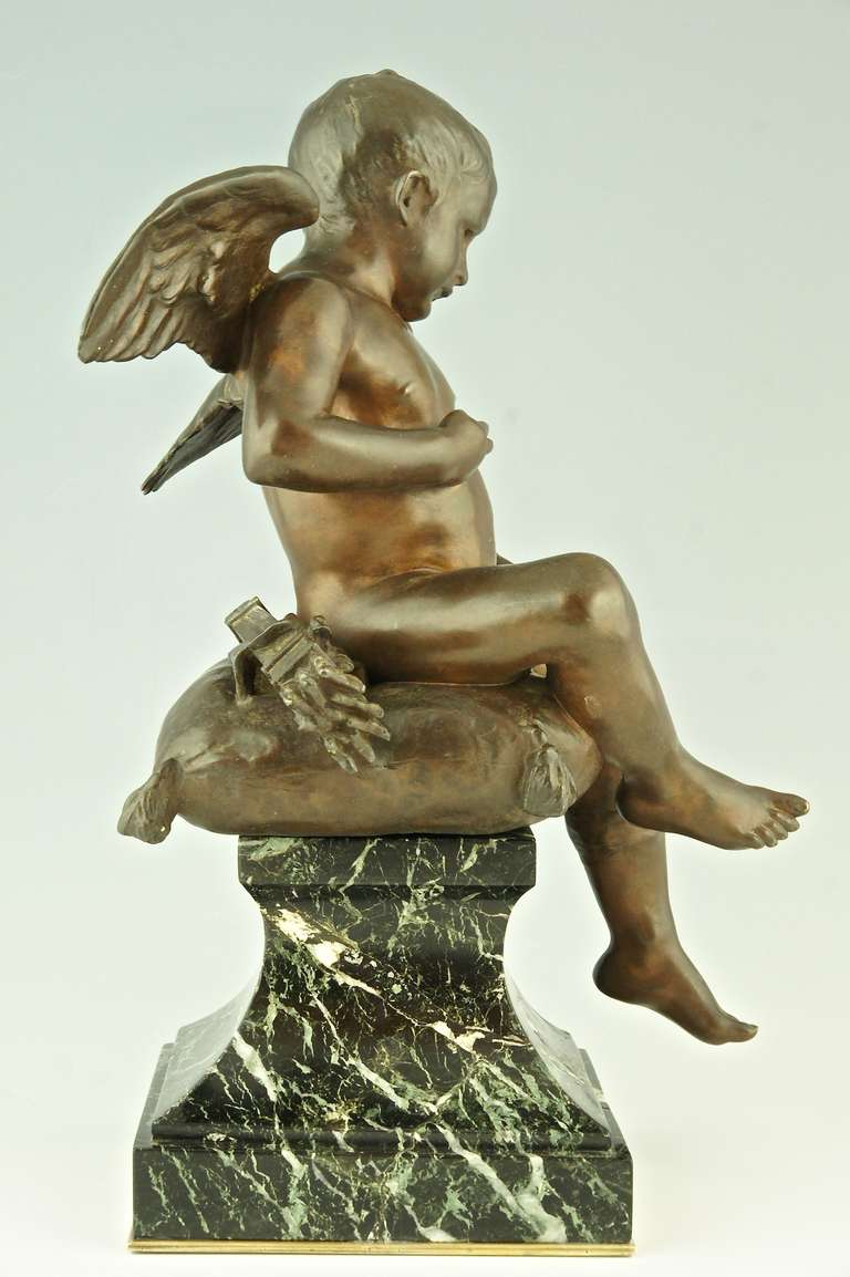 Antique Bronze Sculpture of a Seated Cupid by Antonin Mercie, Siot Foundry, 1880 In Good Condition In Antwerp, BE