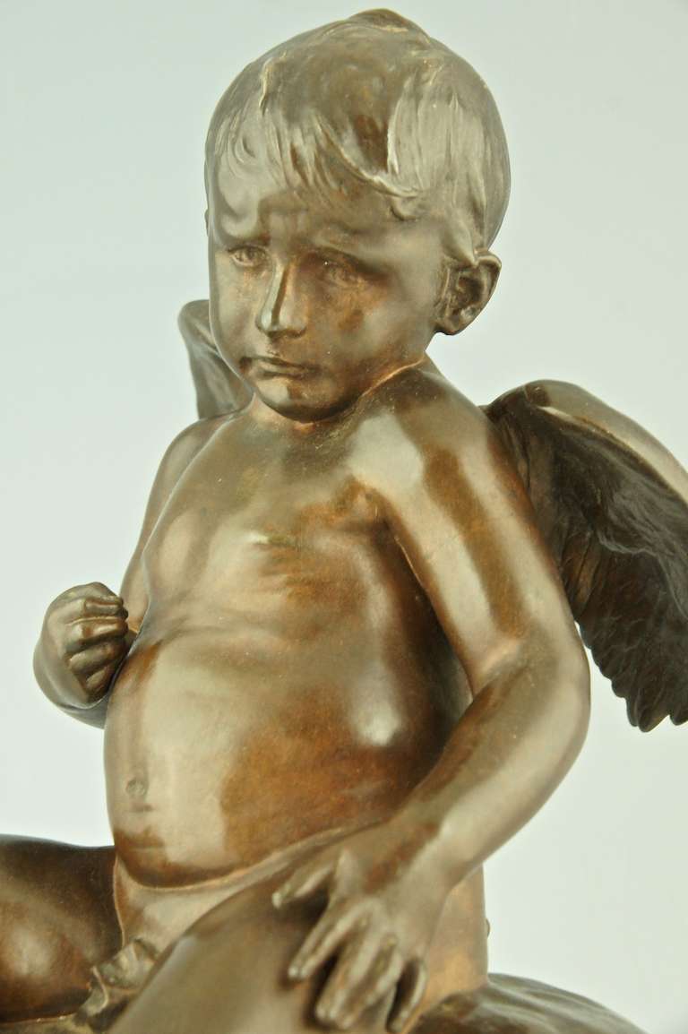 19th Century Antique Bronze Sculpture of a Seated Cupid by Antonin Mercie, Siot Foundry, 1880