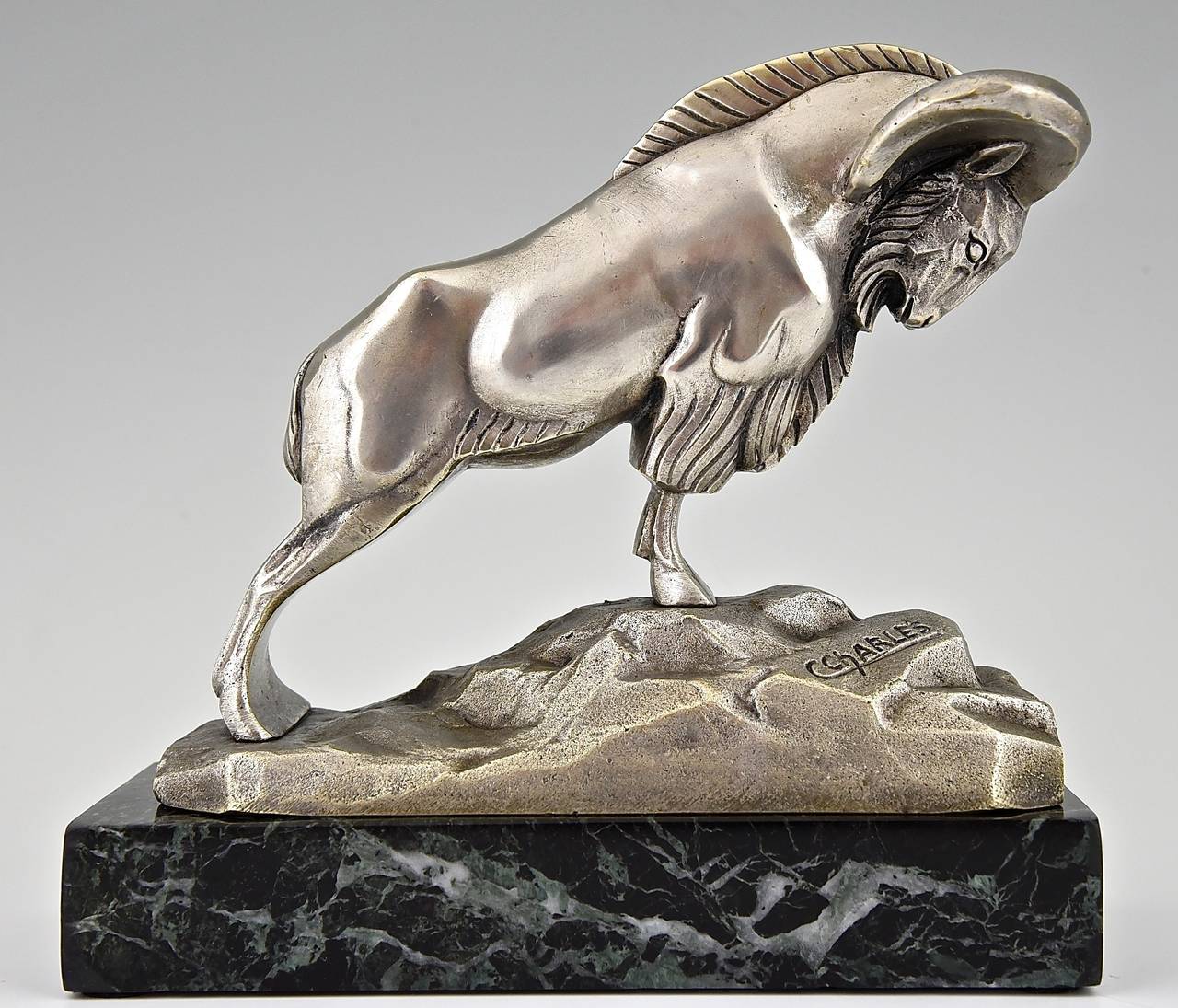 French Art Deco Bronze Ibex or Ram Sculpture Bookends by C. Charles, 1930 1