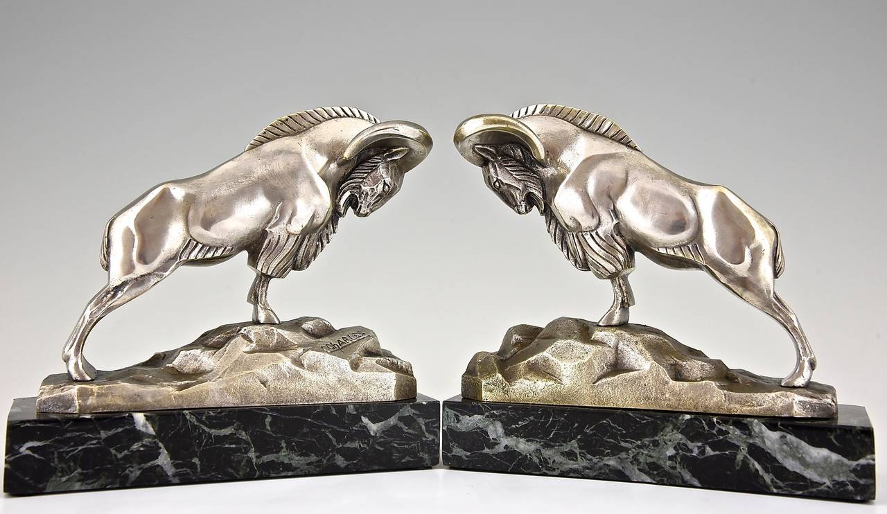 20th Century French Art Deco Bronze Ibex or Ram Sculpture Bookends by C. Charles, 1930