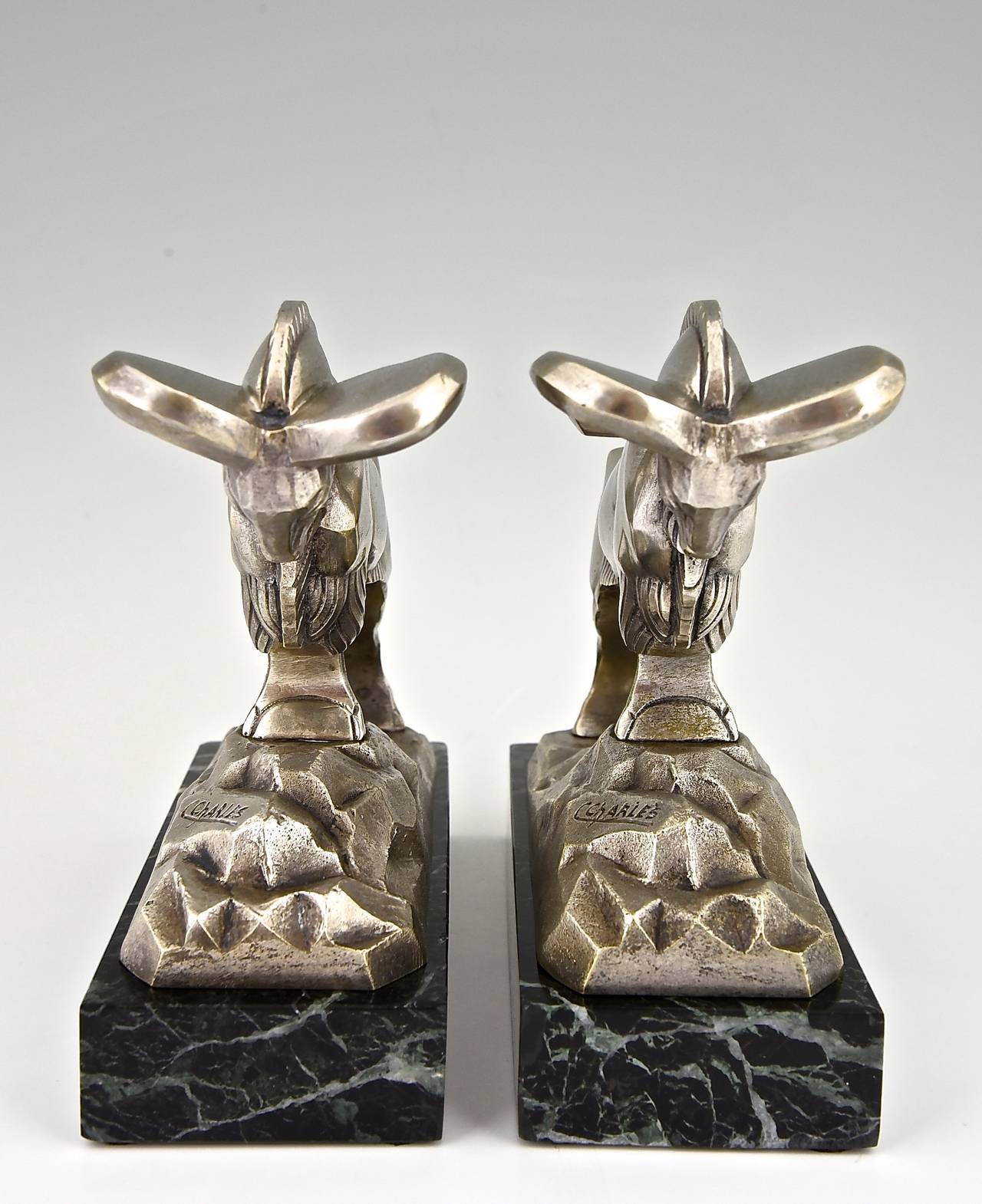 Silvered French Art Deco Bronze Ibex or Ram Sculpture Bookends by C. Charles, 1930