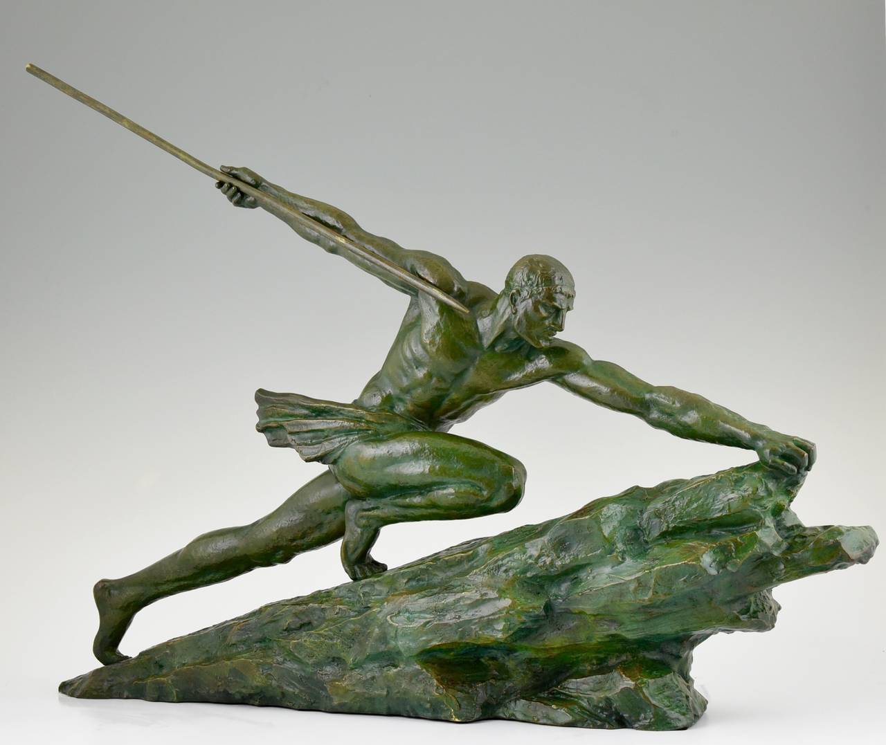 Bronze French Art Deco bronze sculpture male nude athlete Pierre Le Fagauys L. 35 inch