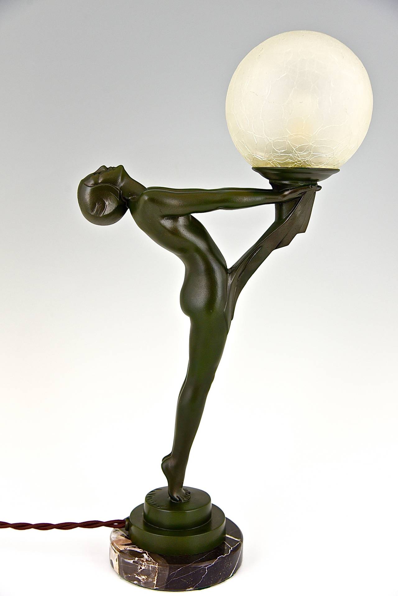 French Art Deco Figural Lamp of a Nude with Ball by Max Le Verrier 1