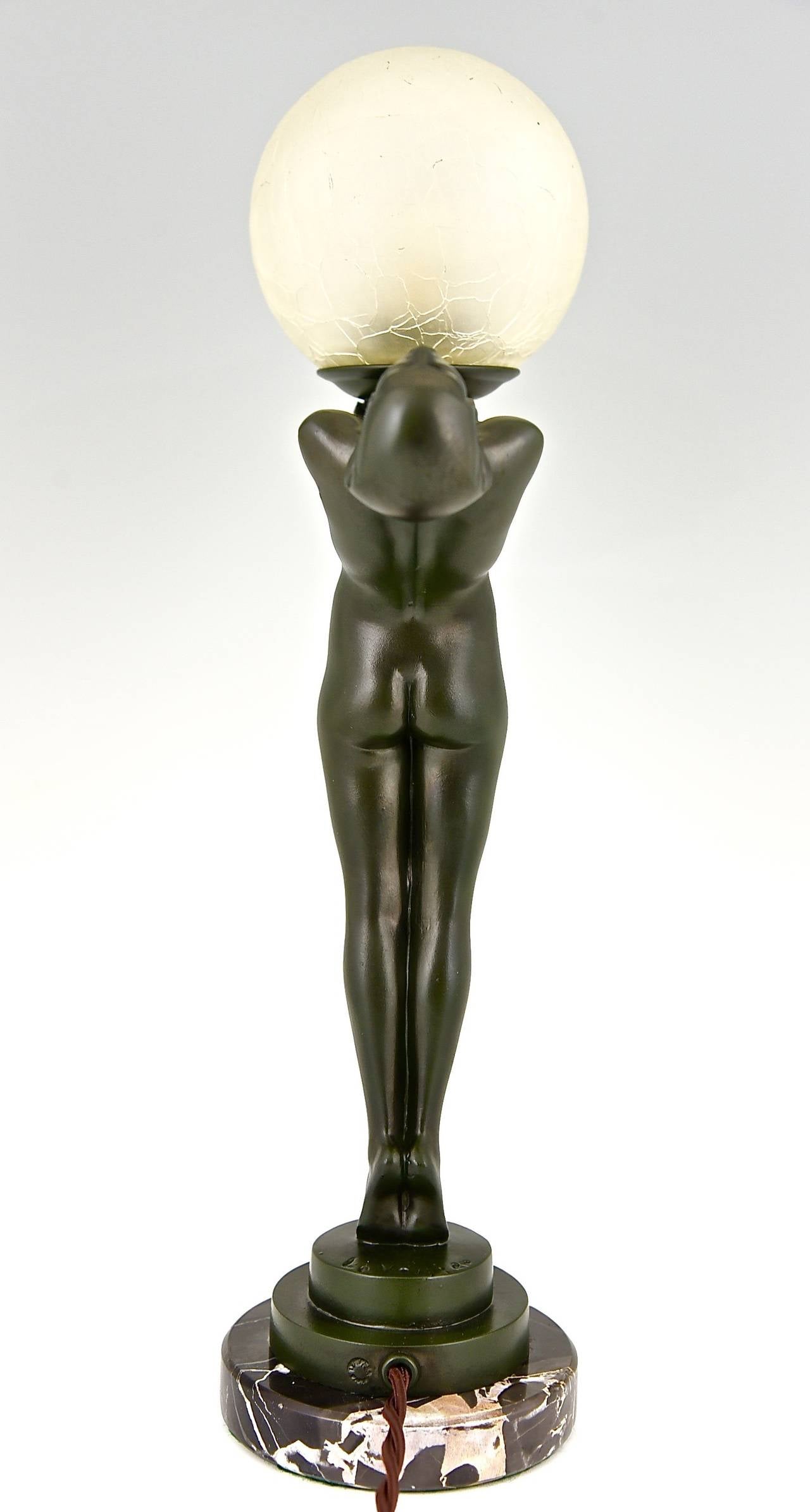 French Art Deco Figural Lamp of a Nude with Ball by Max Le Verrier In Good Condition In Antwerp, BE