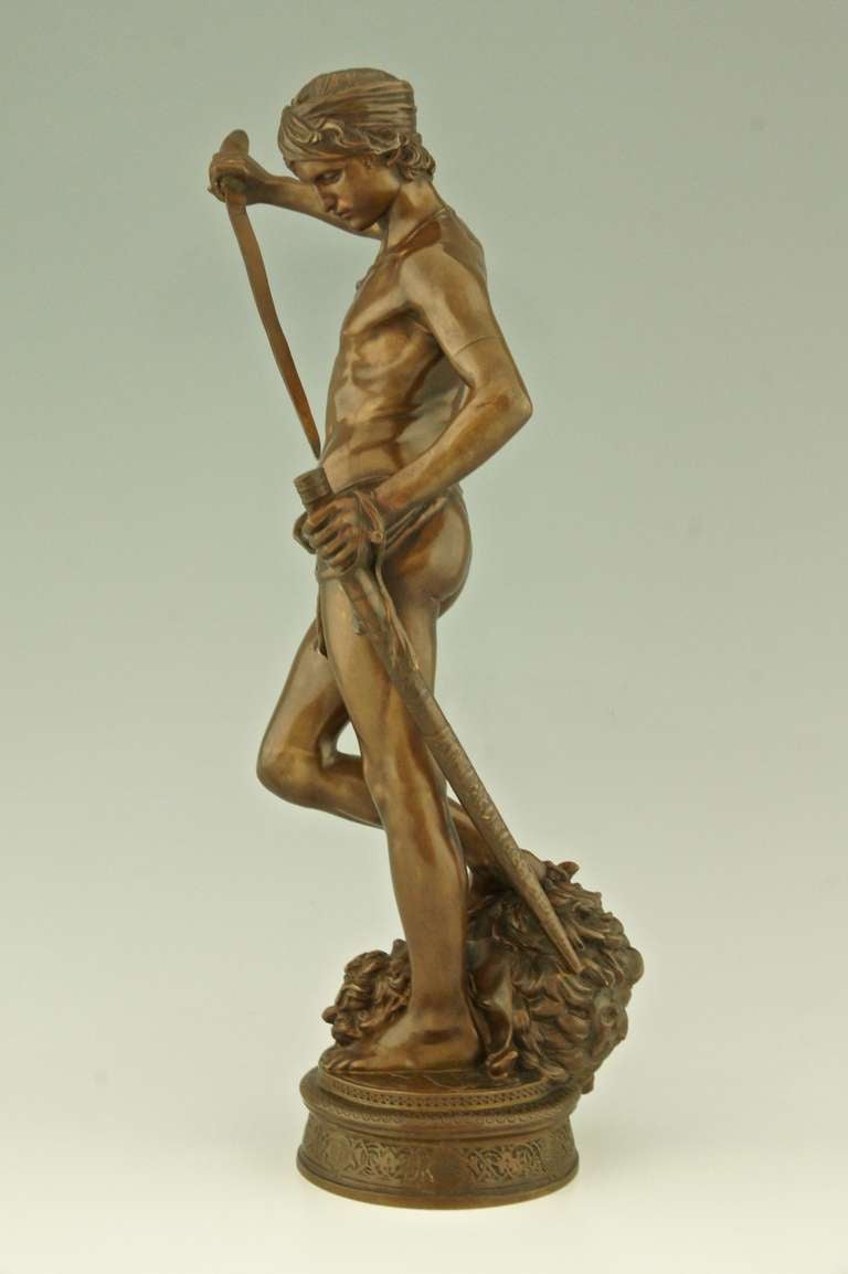 Romantic Antique bronze David after the combat by Antonin Mercie, France 1880.