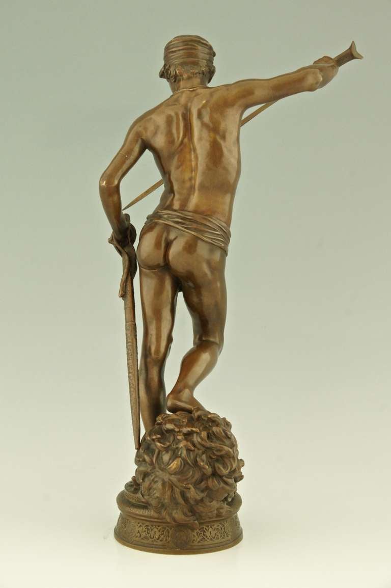 French Antique bronze David after the combat by Antonin Mercie, France 1880.