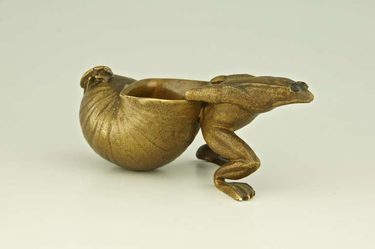 Art Deco Bronze sculpture of a frog pulling a snail shell with an insect by Louchet.
