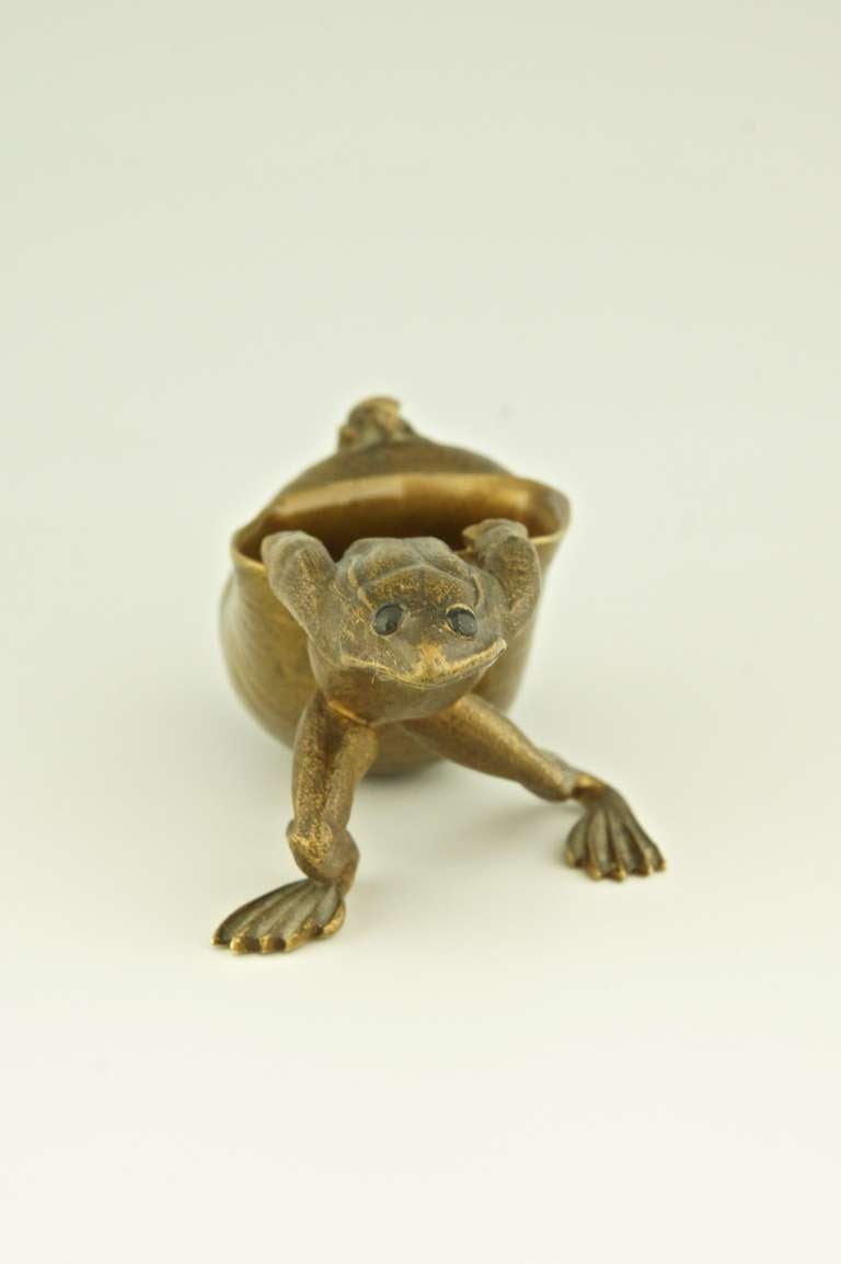 French Bronze sculpture of a frog pulling a snail shell with an insect by Louchet.