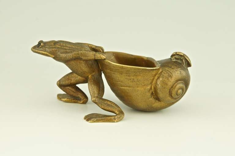 20th Century Bronze sculpture of a frog pulling a snail shell with an insect by Louchet.