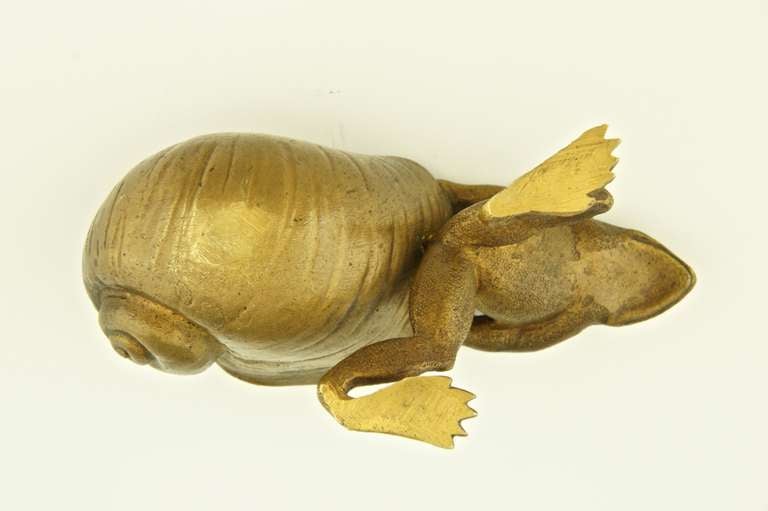 Bronze sculpture of a frog pulling a snail shell with an insect by Louchet. 2
