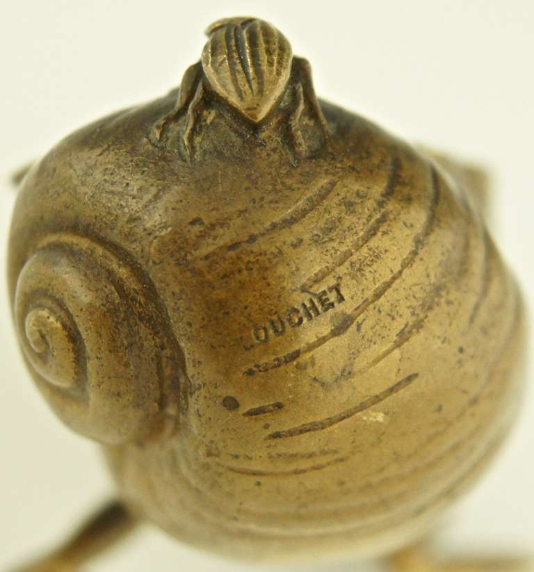 Bronze sculpture of a frog pulling a snail shell with an insect by Louchet. 3