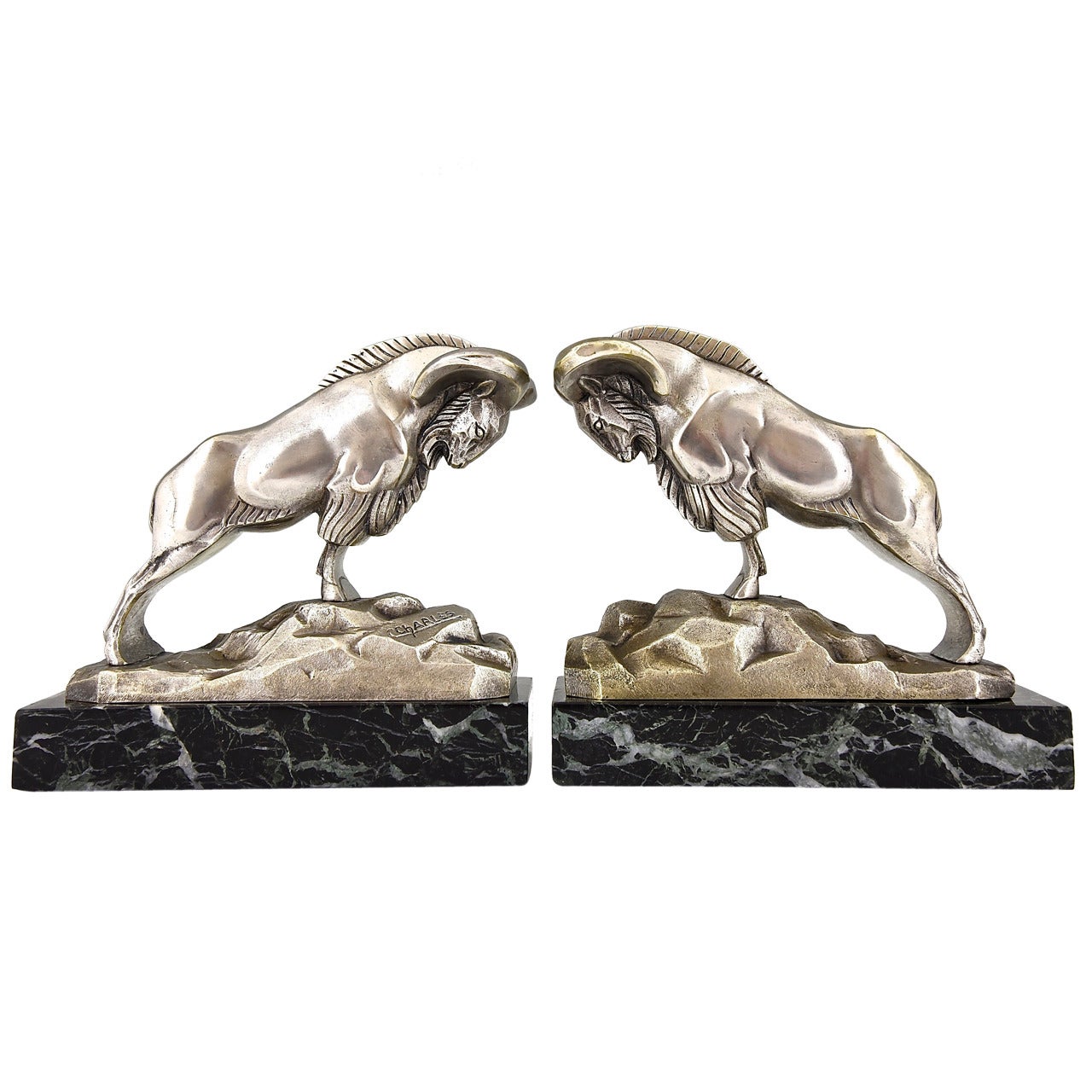 French Art Deco Bronze Ibex or Ram Sculpture Bookends by C. Charles, 1930