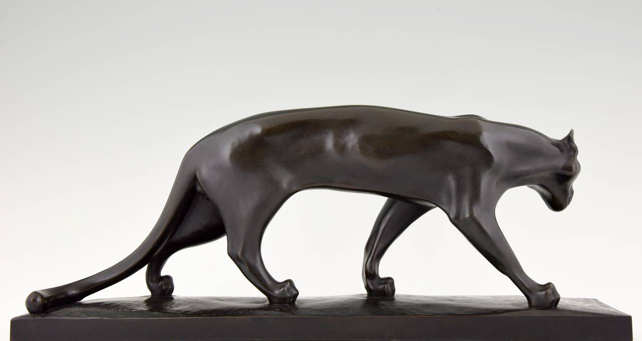 Patinated Art Deco Bronze Sculpture of a Walking Panther Signed by S. Bonome, 1930