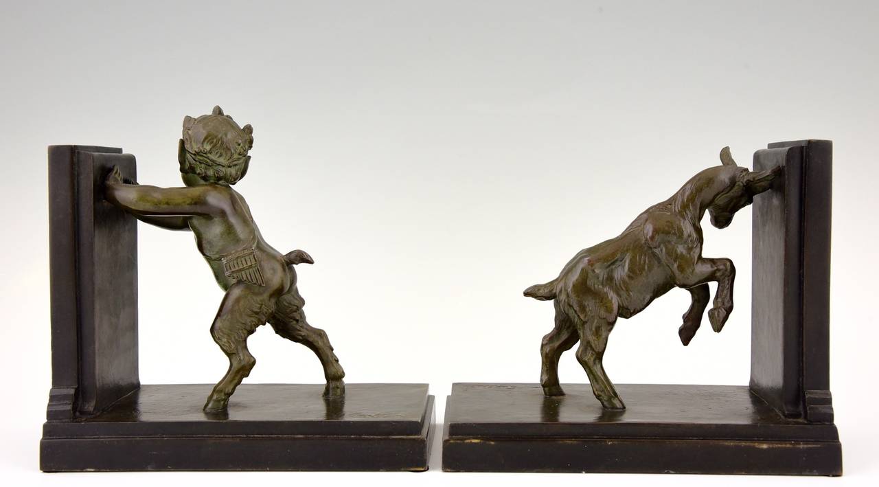 20th Century French Art Deco Sculpture Bookends Satyr and Goat by Carlier, 1930