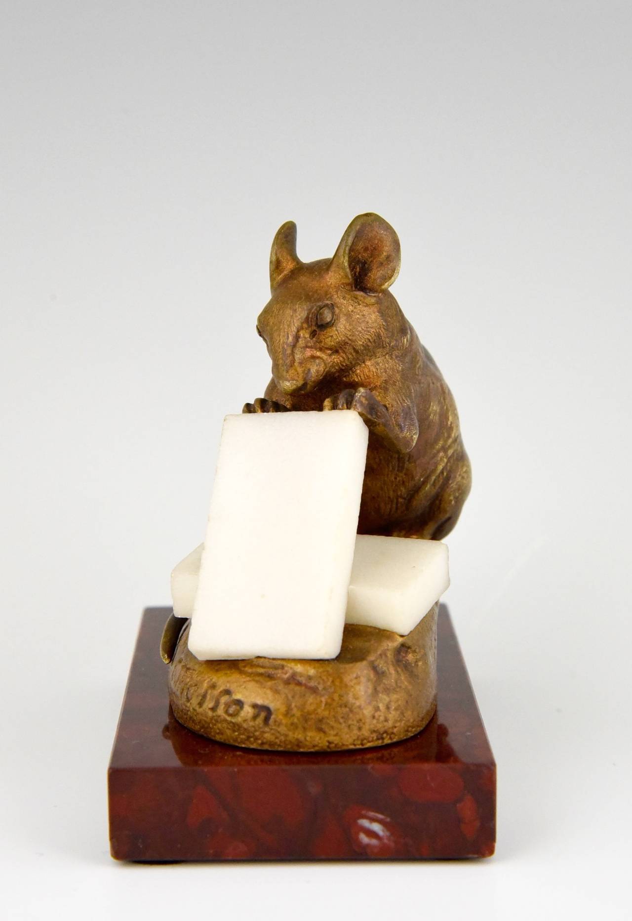 French Antique Bronze Sculpture of a Mouse with Cheese by Clovis Masson 1880