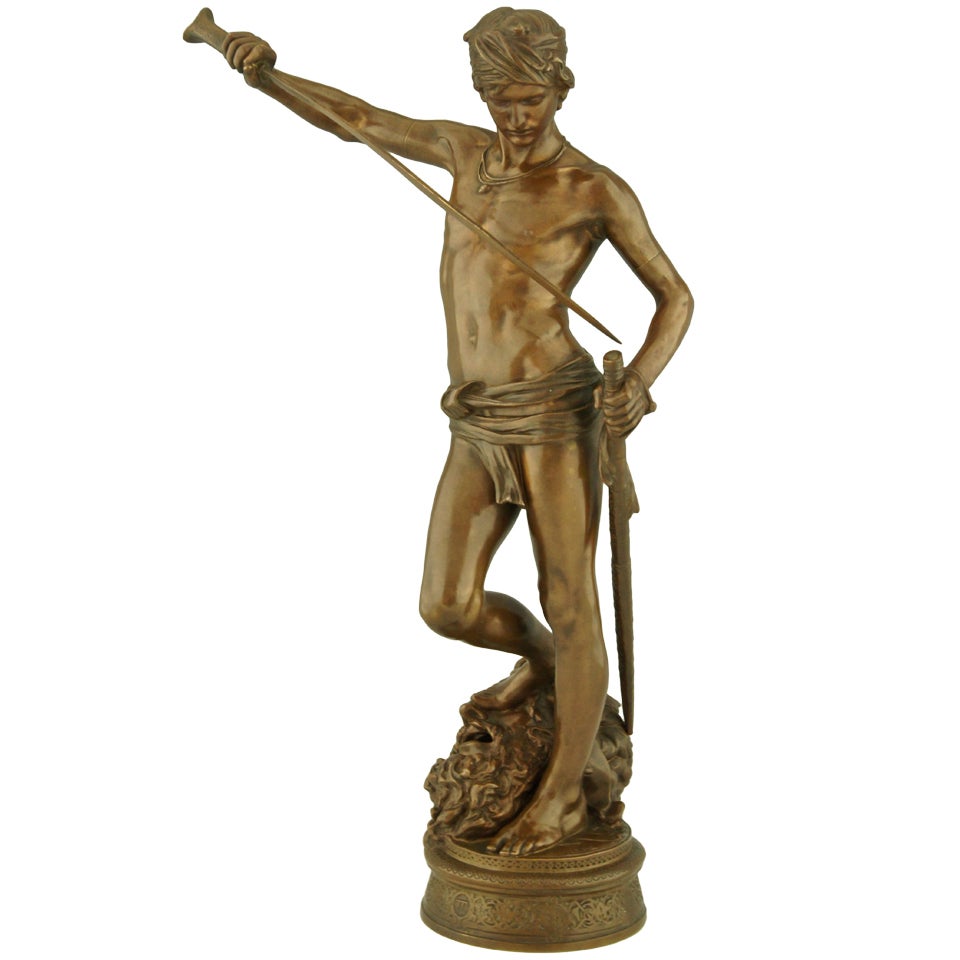 Antique bronze David after the combat by Antonin Mercie, France 1880.