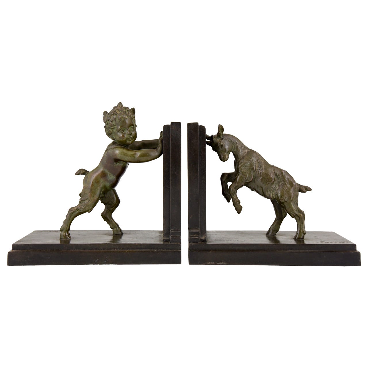 French Art Deco Sculpture Bookends Satyr and Goat by Carlier, 1930