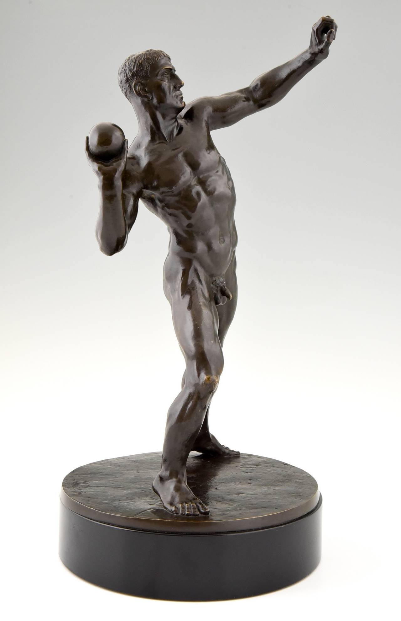 German Bronze Sculpture of a Male Nude Athlete Playing Shot Put by B. Ebe, 1930