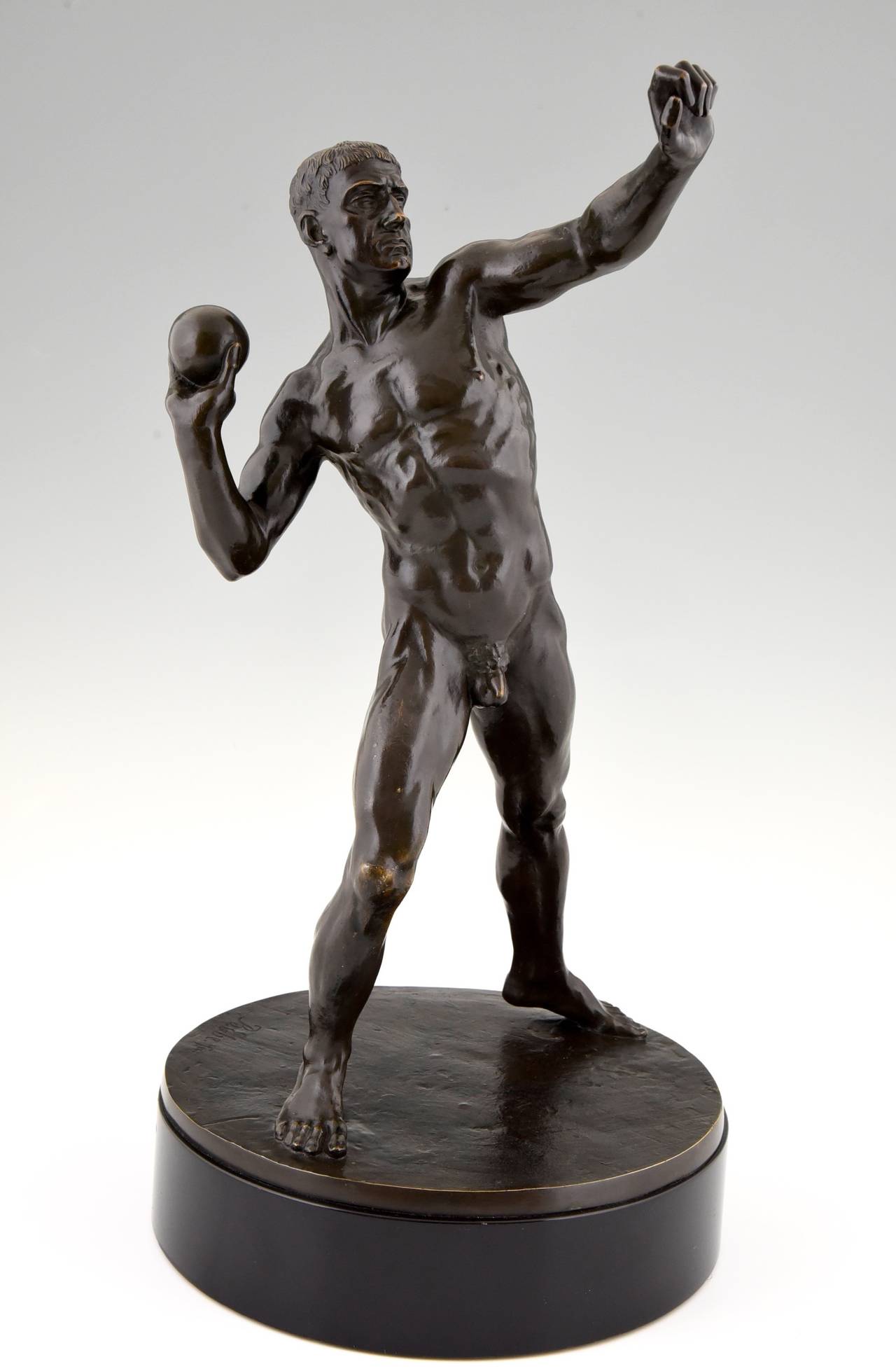 Patinated Bronze Sculpture of a Male Nude Athlete Playing Shot Put by B. Ebe, 1930