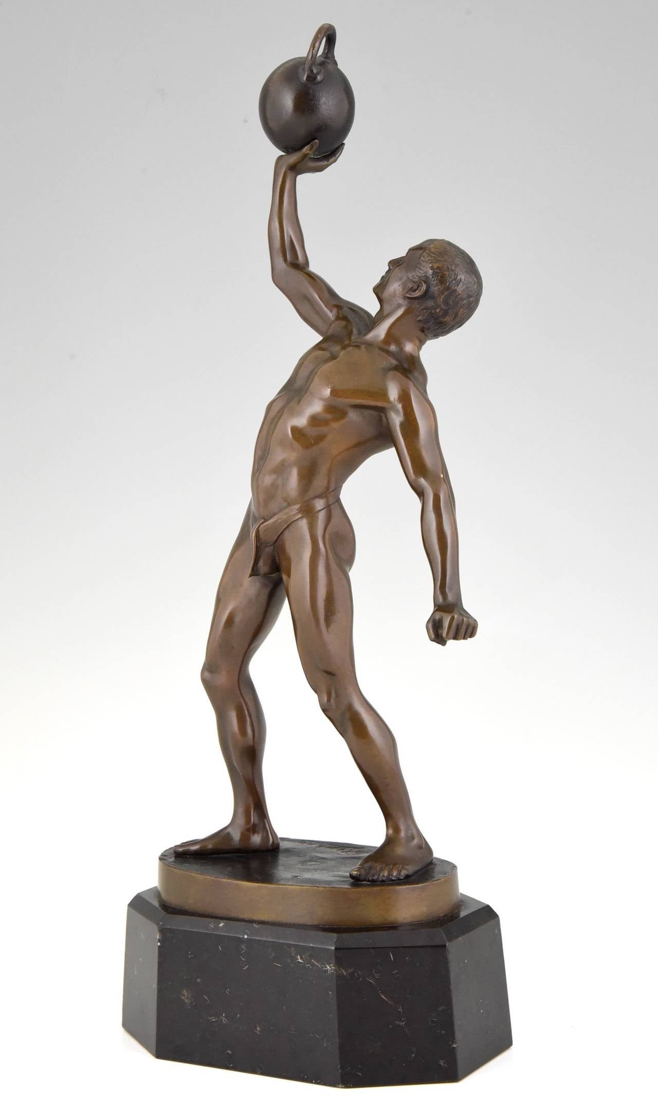 Antique sculpture of a male nude athlete with dumbbell.
By  F. Peleschka
Signature/ Marks:  Peleschka.  “Echte Bronze” Real bronze. 
Date:  1900/1910.	
Material: Bronze on marble base. 
Origin:  Gemany.			

Size:			
H. 18.5 inch x L.7.1 inch