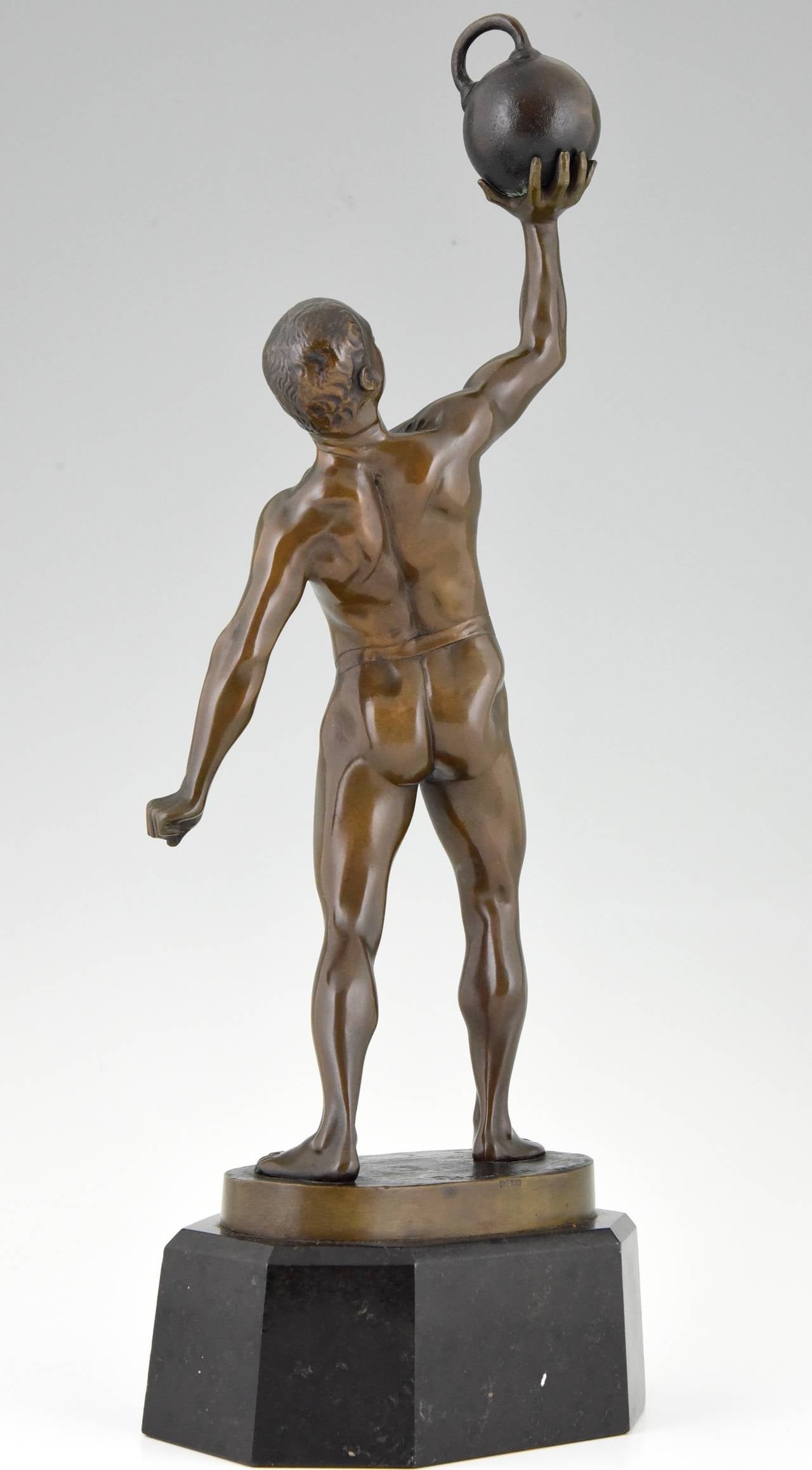 German Antique Sculpture of a Male Nude Athlete with dumbbell by Peleschka 1900