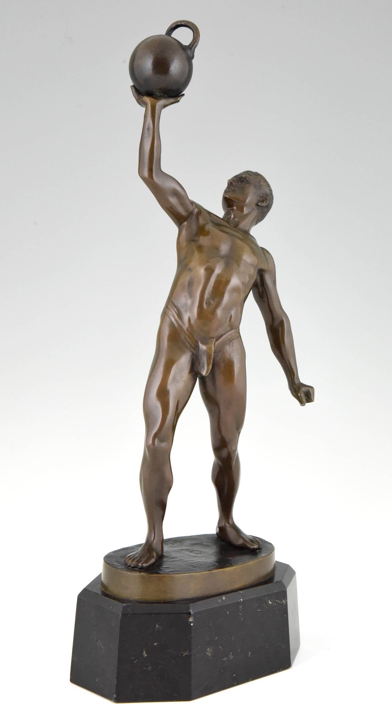 Patinated Antique Sculpture of a Male Nude Athlete with dumbbell by Peleschka 1900