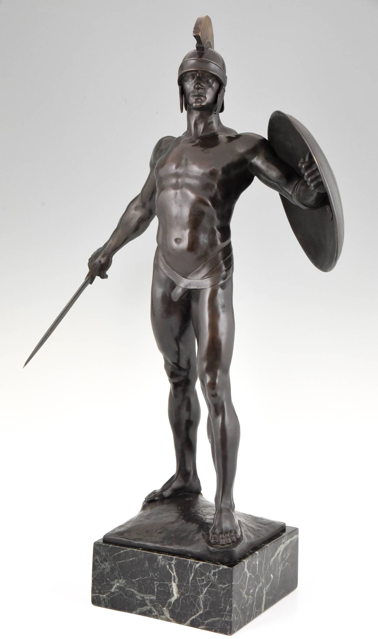Patinated Art Deco Bronze Sculpture of a Male Nude with Sword by Kowalczewski, 1924