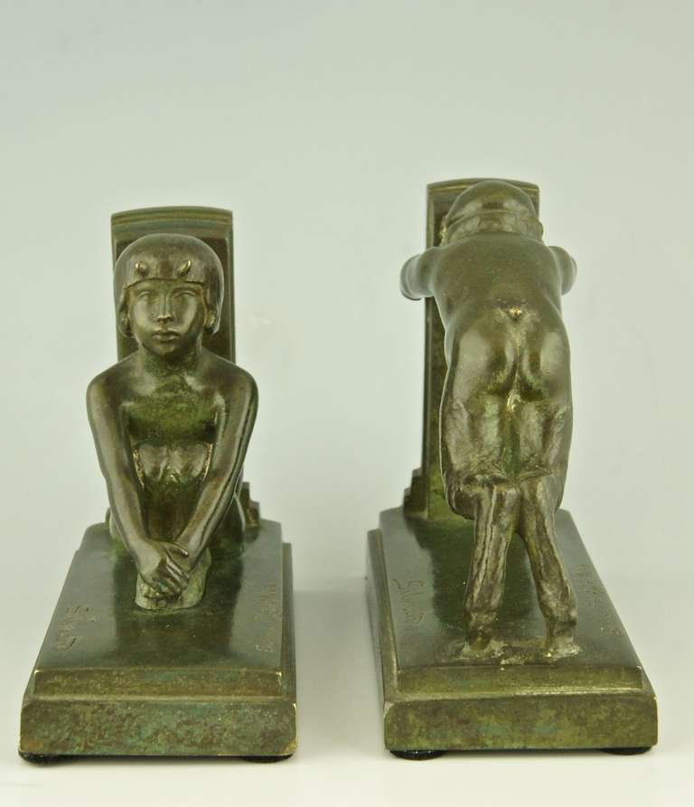 French Art Deco bronze bookends with satyrs by Paul Silvestre, 1920.