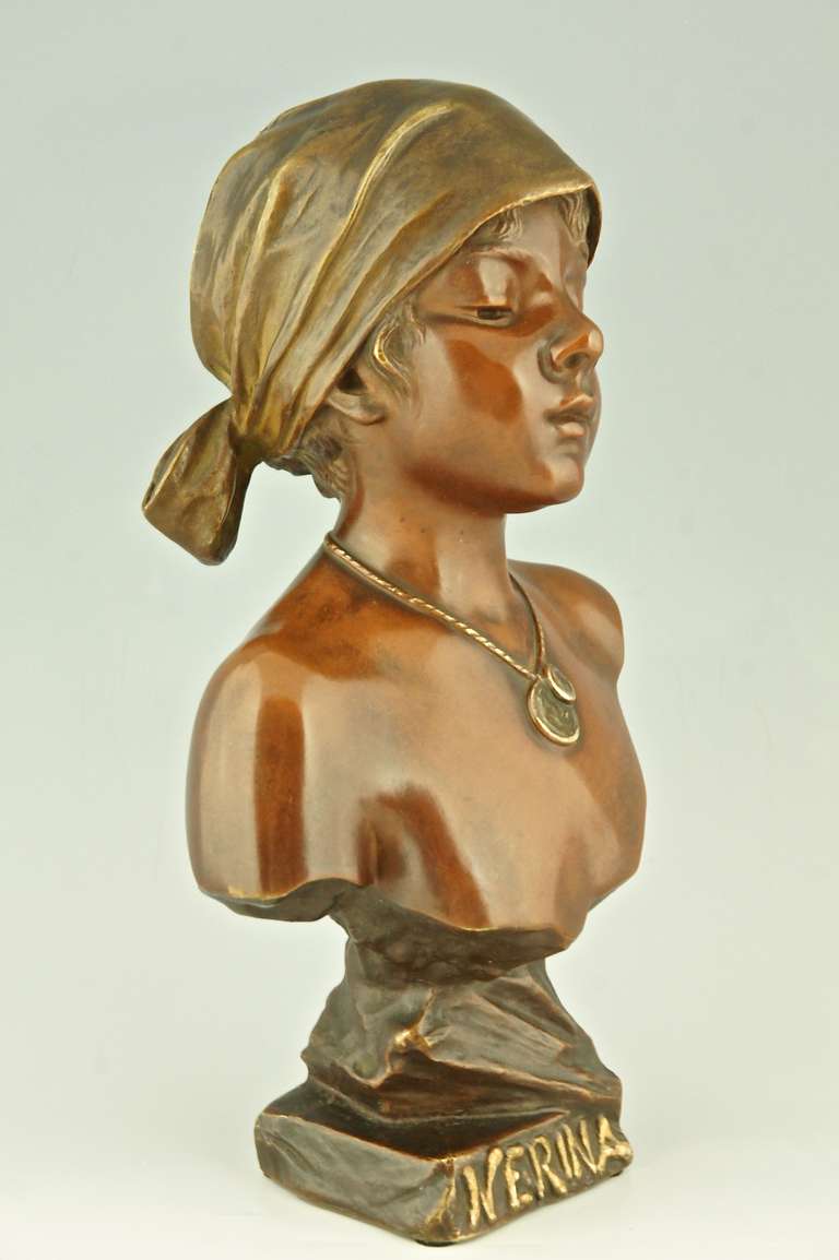 Art Nouveau Nerina, bronze bust of a young girl by Emmanuel Villanis.