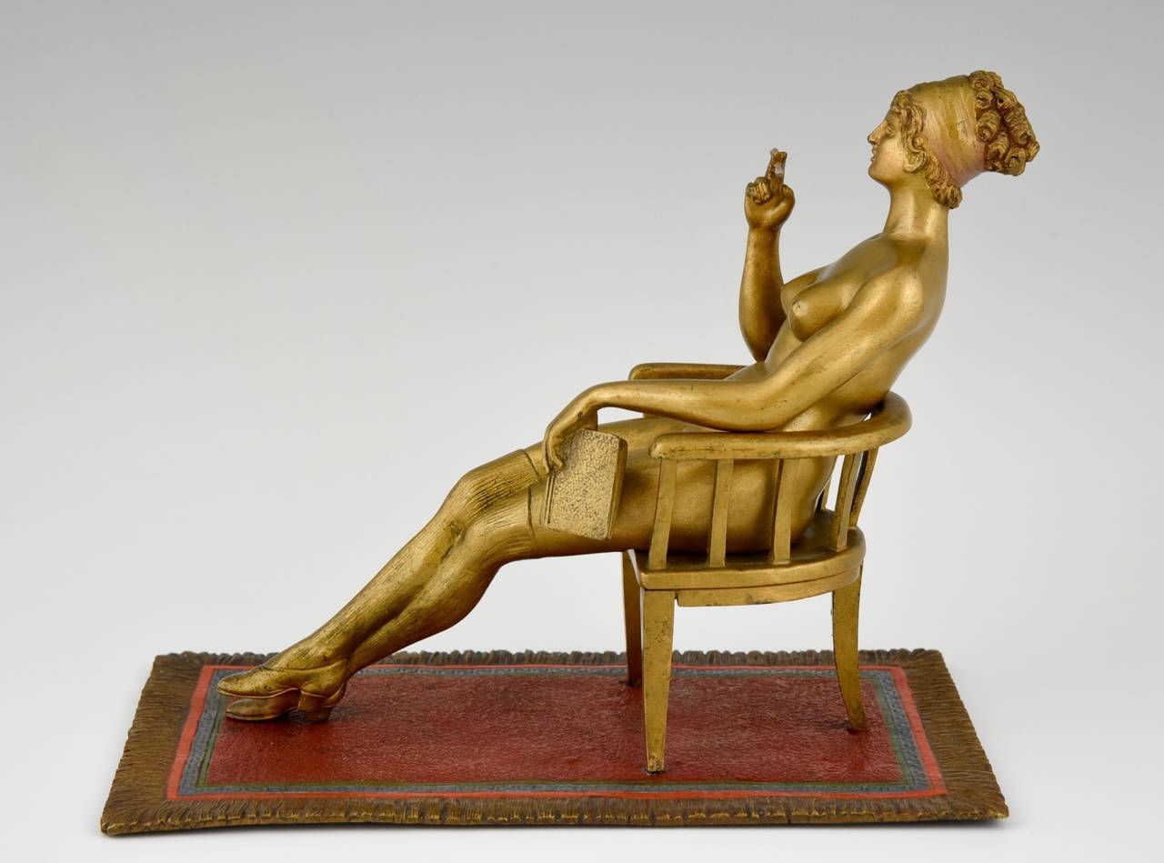 Austrian Erotic Cold Painted Vienna Bronze sculpture of a Nude in a Chair 1900
