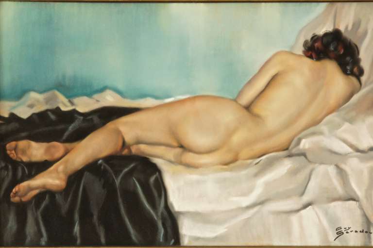 Reclining nude, pastel by Guy Seradour, France ca. 1950.