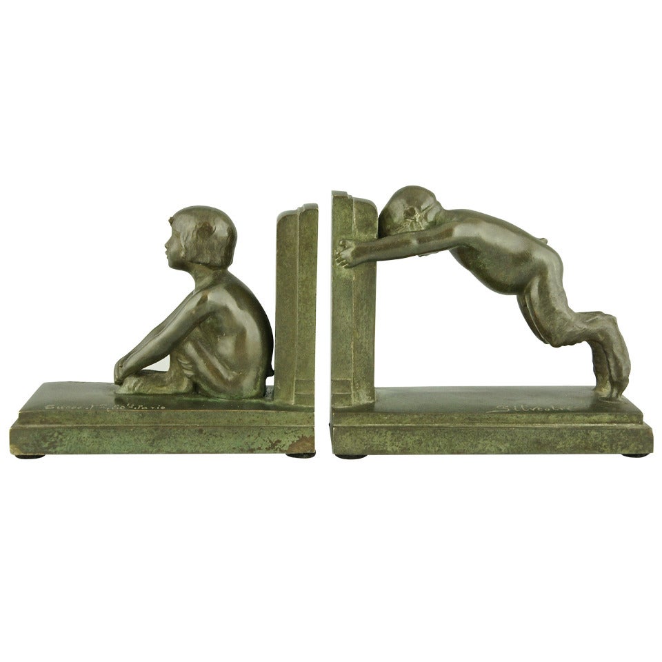 Art Deco bronze bookends with satyrs by Paul Silvestre, 1920.