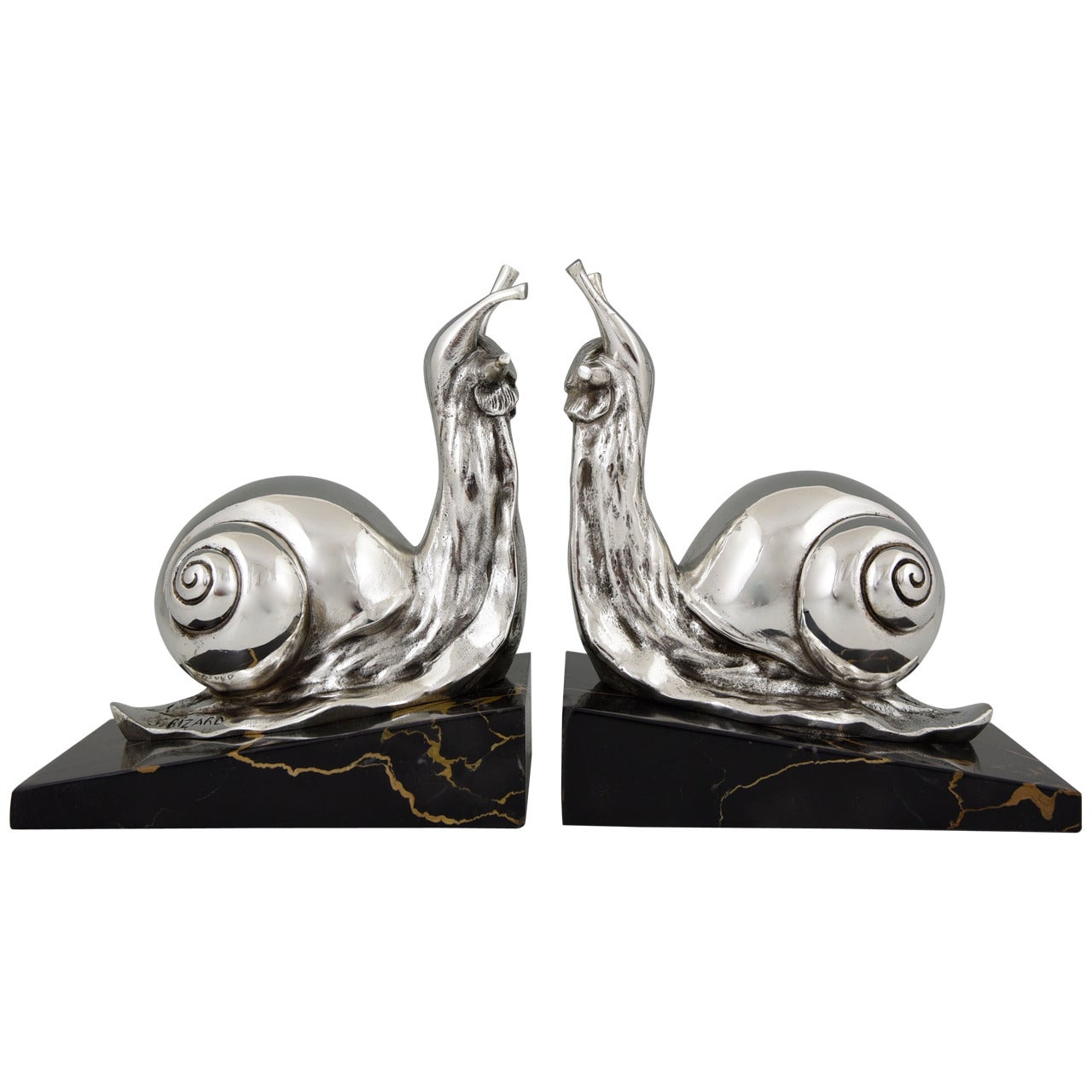French Art Deco Silvered Bronze Snail Bookends by Suzanne Bizard 1930