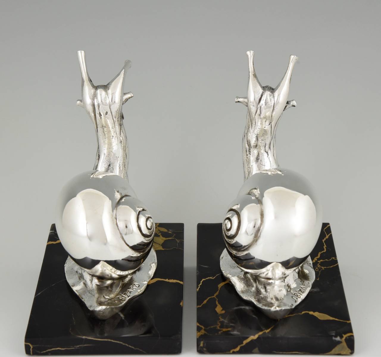 French Art Deco Silvered Bronze Snail Bookends by Suzanne Bizard 1930 1