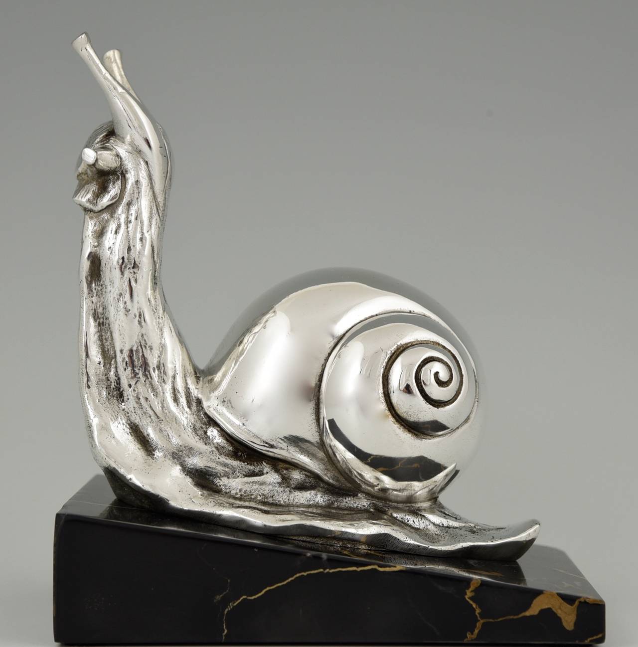 French Art Deco Silvered Bronze Snail Bookends by Suzanne Bizard 1930 3
