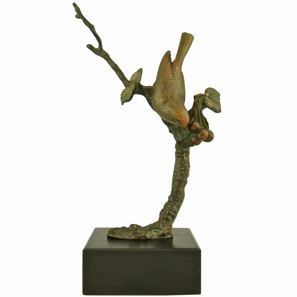 Sculpture en bronze Art Déco d'un oiseau sur une branche par Irenee Rochard