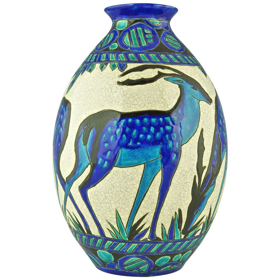 Art Deco Vase with Deer by Charles Catteau, Boch Freres, Belgium, 1925